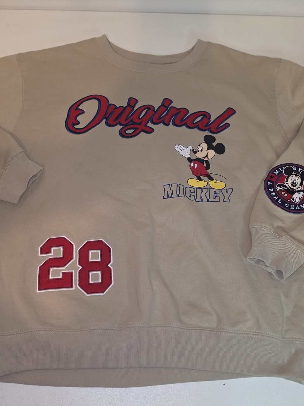 Disney Beige Crewneck Sweatshirt with Red 'Original' Script & Mickey Graphic
